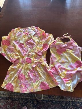 NWT-Janie and Jack Pink & Yellow Floral One-Piece Swimsuit with Cover-Up-size 8